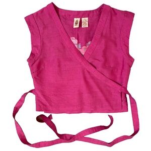 Henna 100% Silk Cropped, Wrap Top with Floral Detail Across the Back
